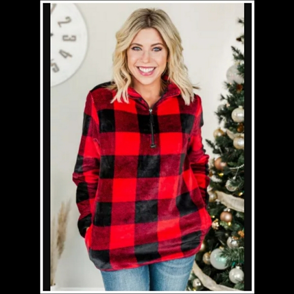 ‼️CLEARANCE PRICE FIRM‼️Red Plaid Print 1/4 Zip Sweatshirt ❤ - Picture 3 of 6